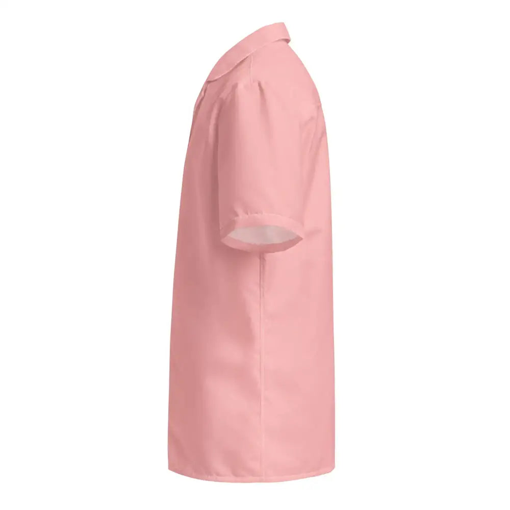 A pink short-sleeved button-up shirt with a classic collar and neatly folded cuffs.