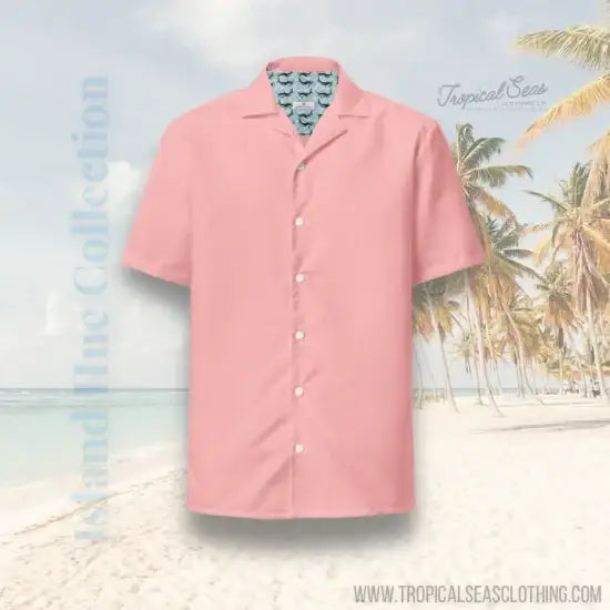 A pink short-sleeved button-up shirt with a patterned collar and white buttons.
