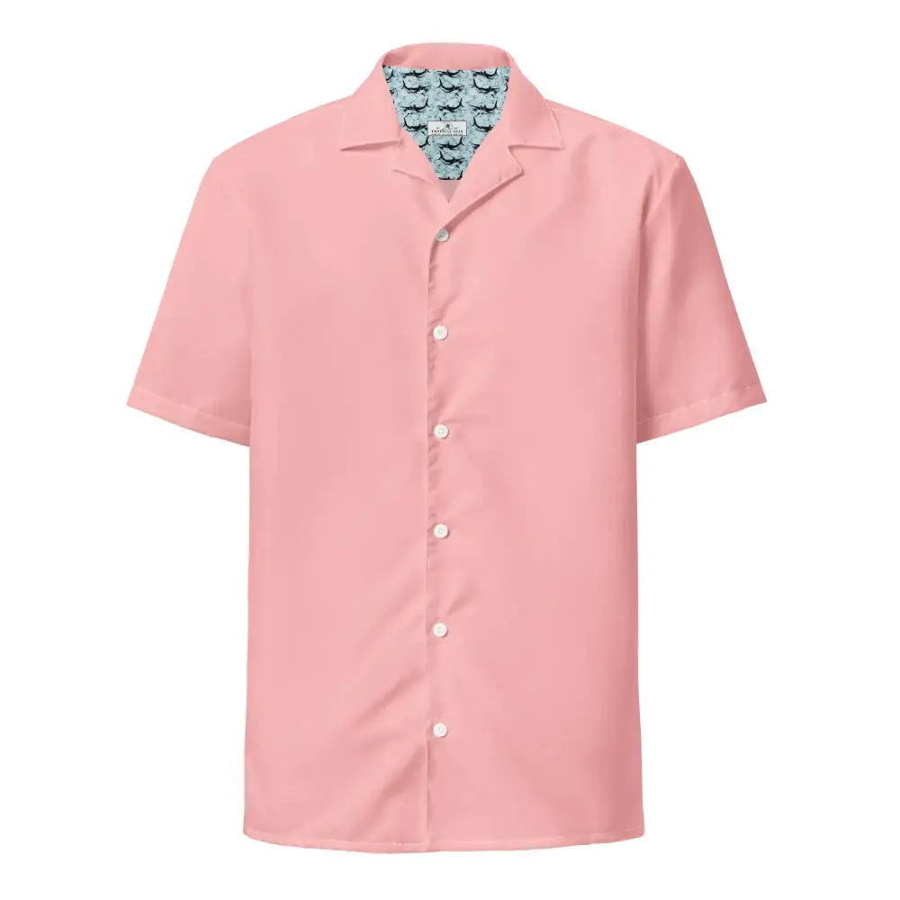 A soft pink short-sleeved button-up shirt with a classic collar and white buttons.