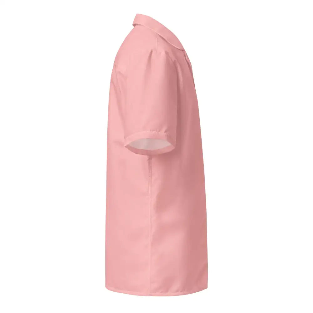 A soft pink, short-sleeved work coat with a classic collar and clean lines.
