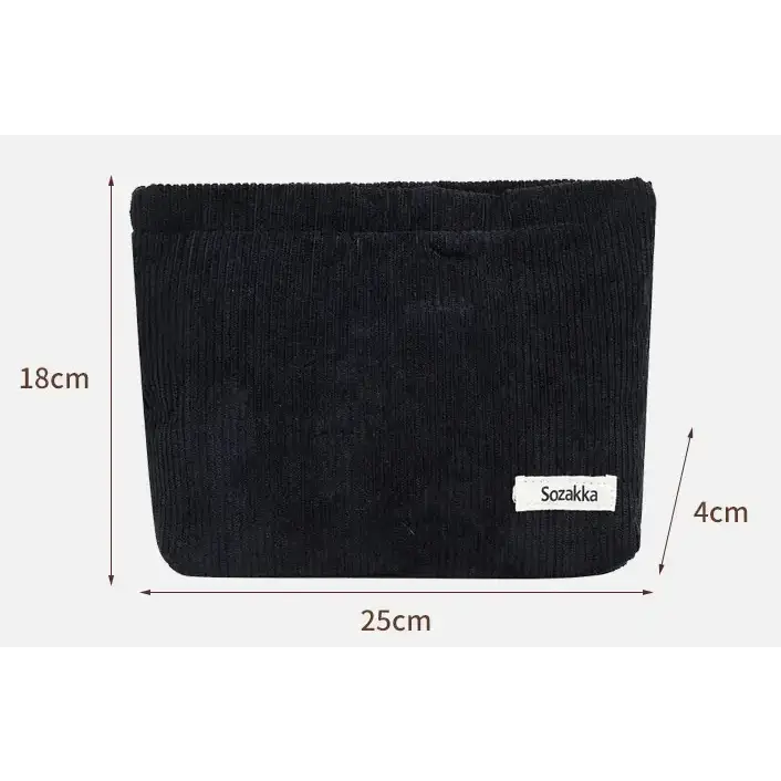 Black corduroy sozakka brand organizer with a ribbed texture and white label.