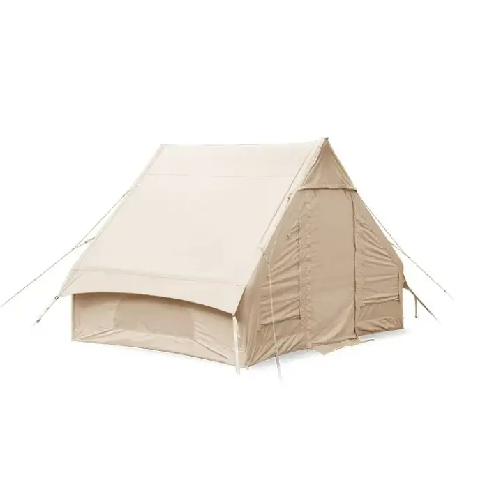 Beige canvas bell tent with a classic a-frame design and reinforced stitching.