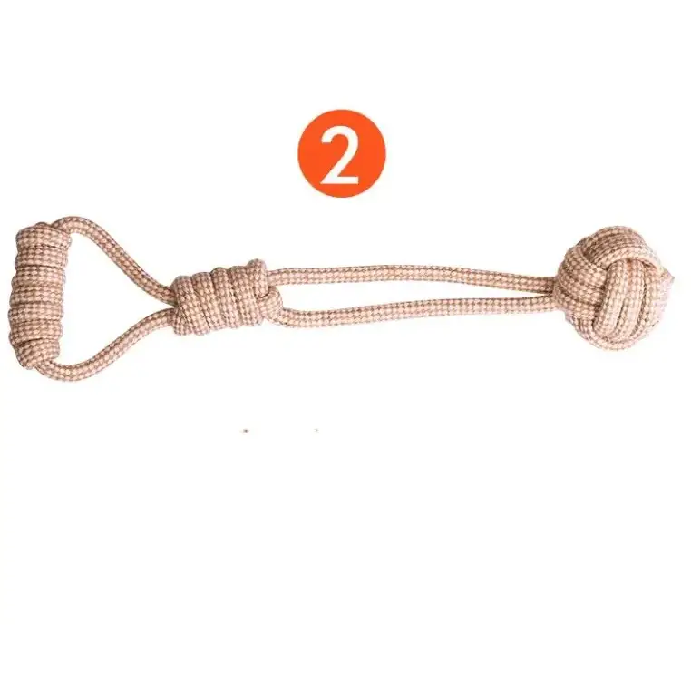 Tan braided rope dog toy with a loop handle and knotted ball end.