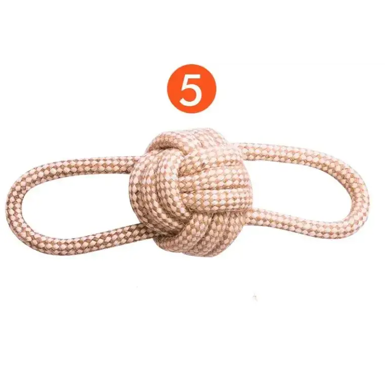 Beige braided rope toy with a tightly knotted center.
