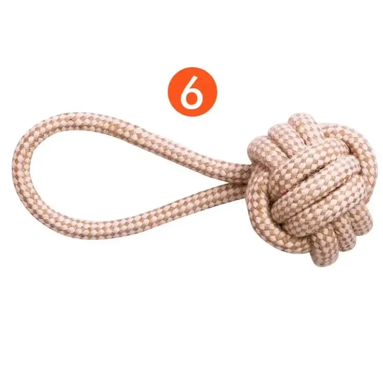 Beige braided rope dog toy with a knotted ball design.