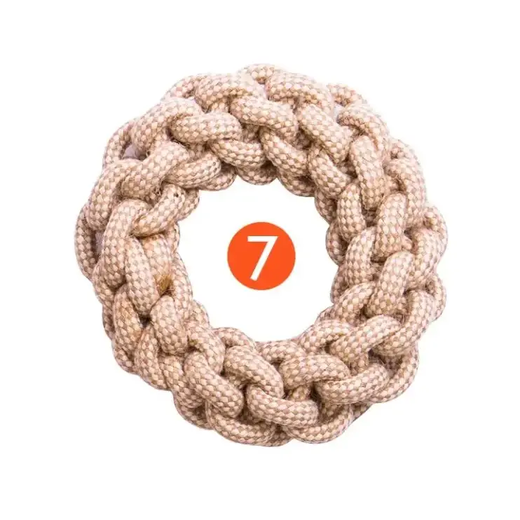 Beige braided rope dog toy with a thick, textured weave.
