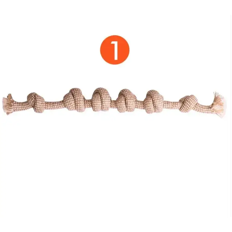 Beige braided rope dog toy with multiple knotted sections and frayed ends.