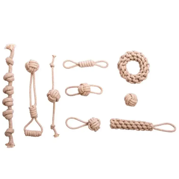 Beige braided rope dog toys in various knot and loop designs.