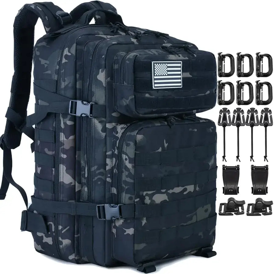 Black and gray camouflage tactical backpack with a front pocket featuring an american flag patch.