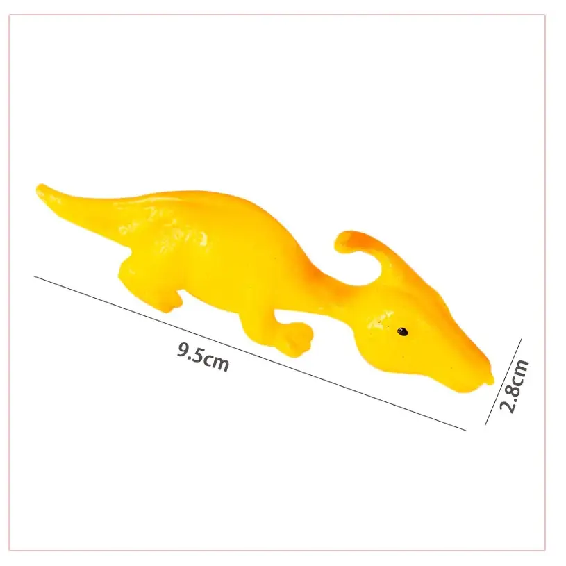 Bright yellow plastic dinosaur toy with a smooth, glossy finish and simple black eye detail.