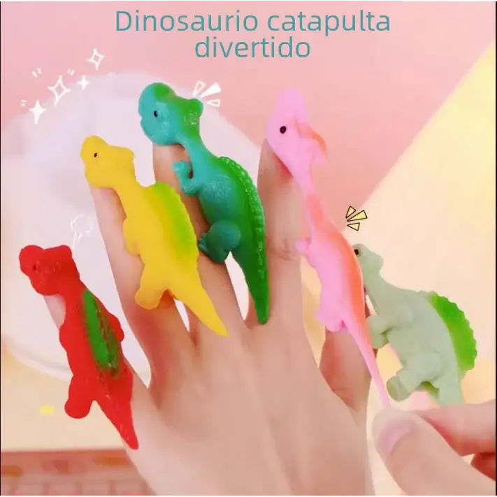 Colorful silicone dinosaur finger toys in red, yellow, green, pink, and light green.