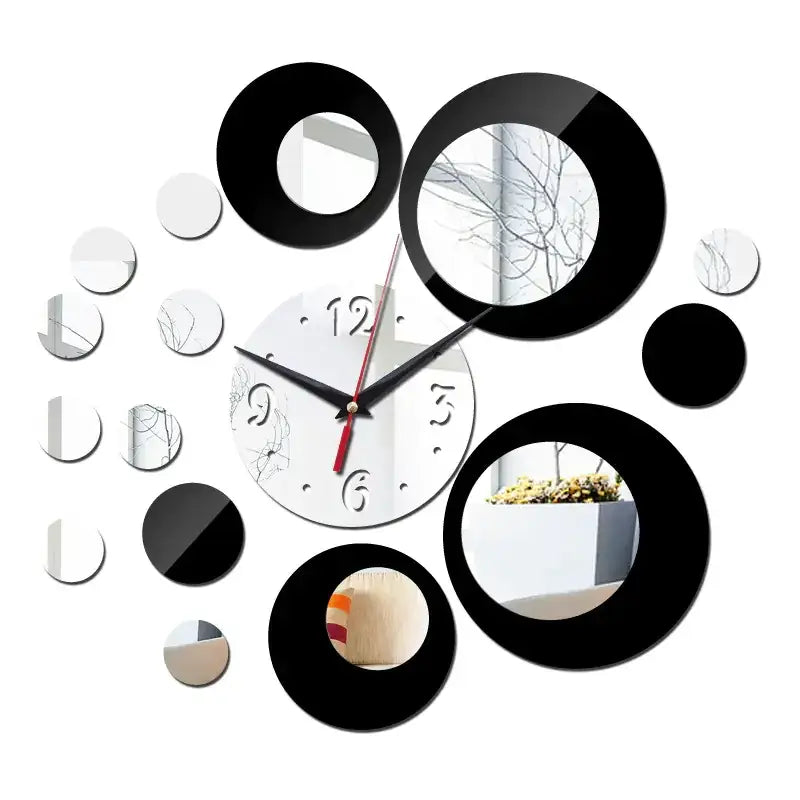 Modern wall clock with a white face, black numerals and hands, red second hand, surrounded by circular mirror pieces in varying sizes.