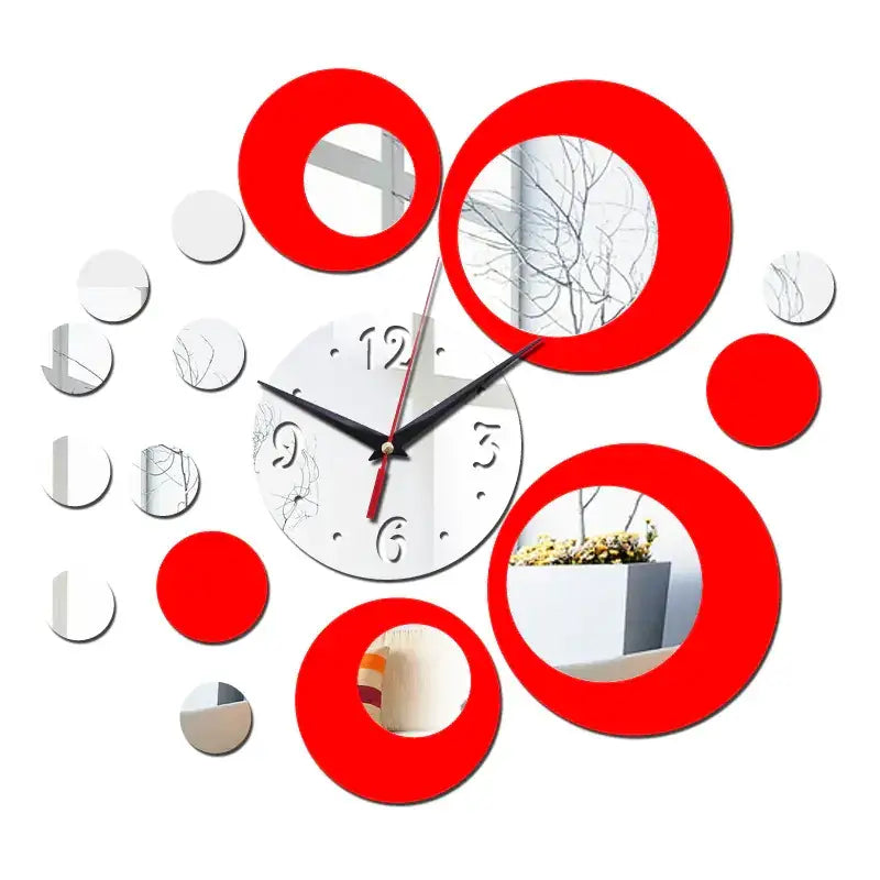 Red and white circular mirror wall clock with reflective surfaces.