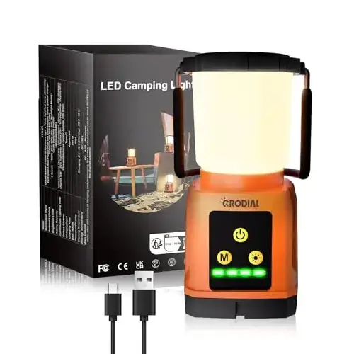 Orange and black grodial led camping lantern with a handle, usb charging cable, and control panel featuring power, mode, and brightness buttons.