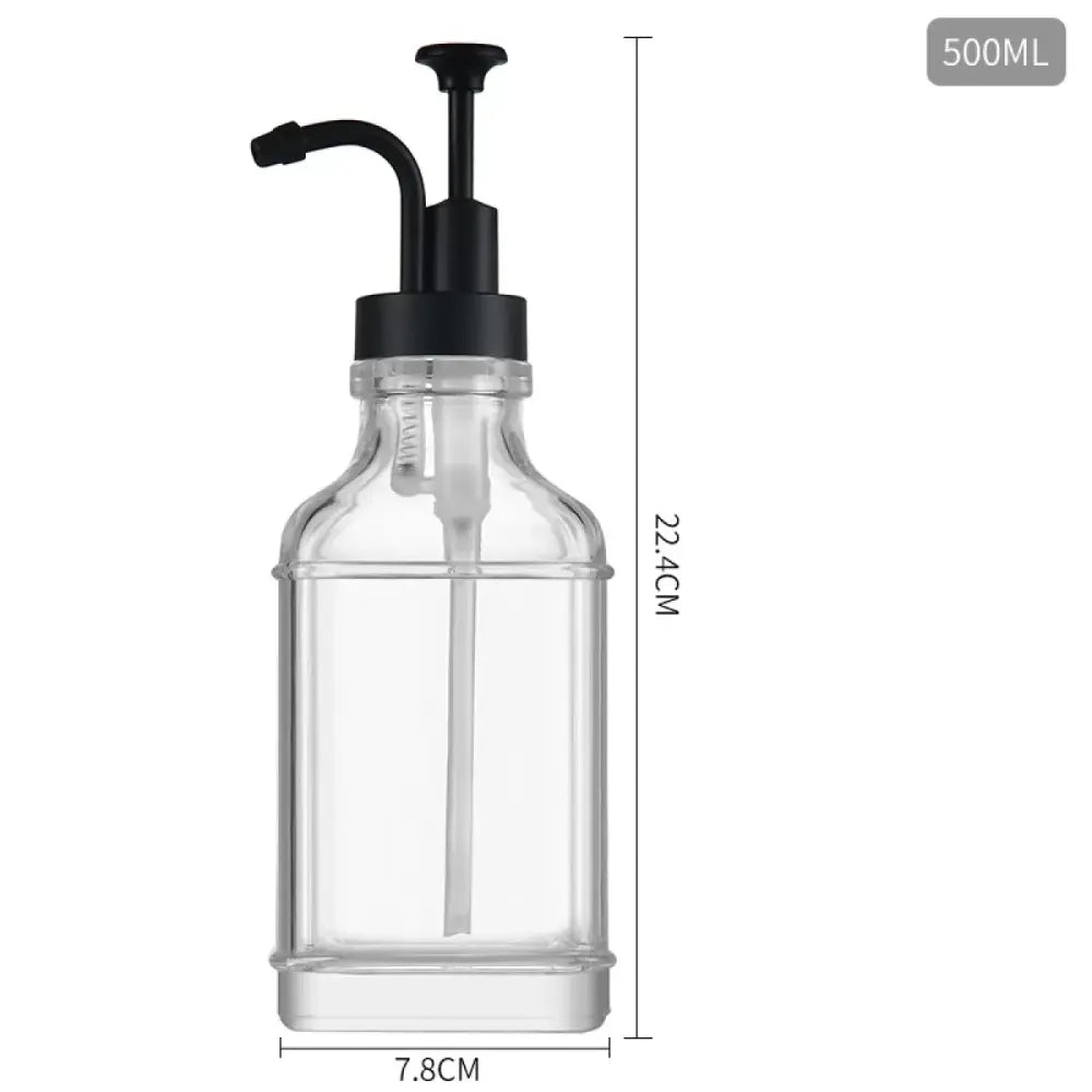 Clear glass bottle with a black pump dispenser, 500ml capacity.