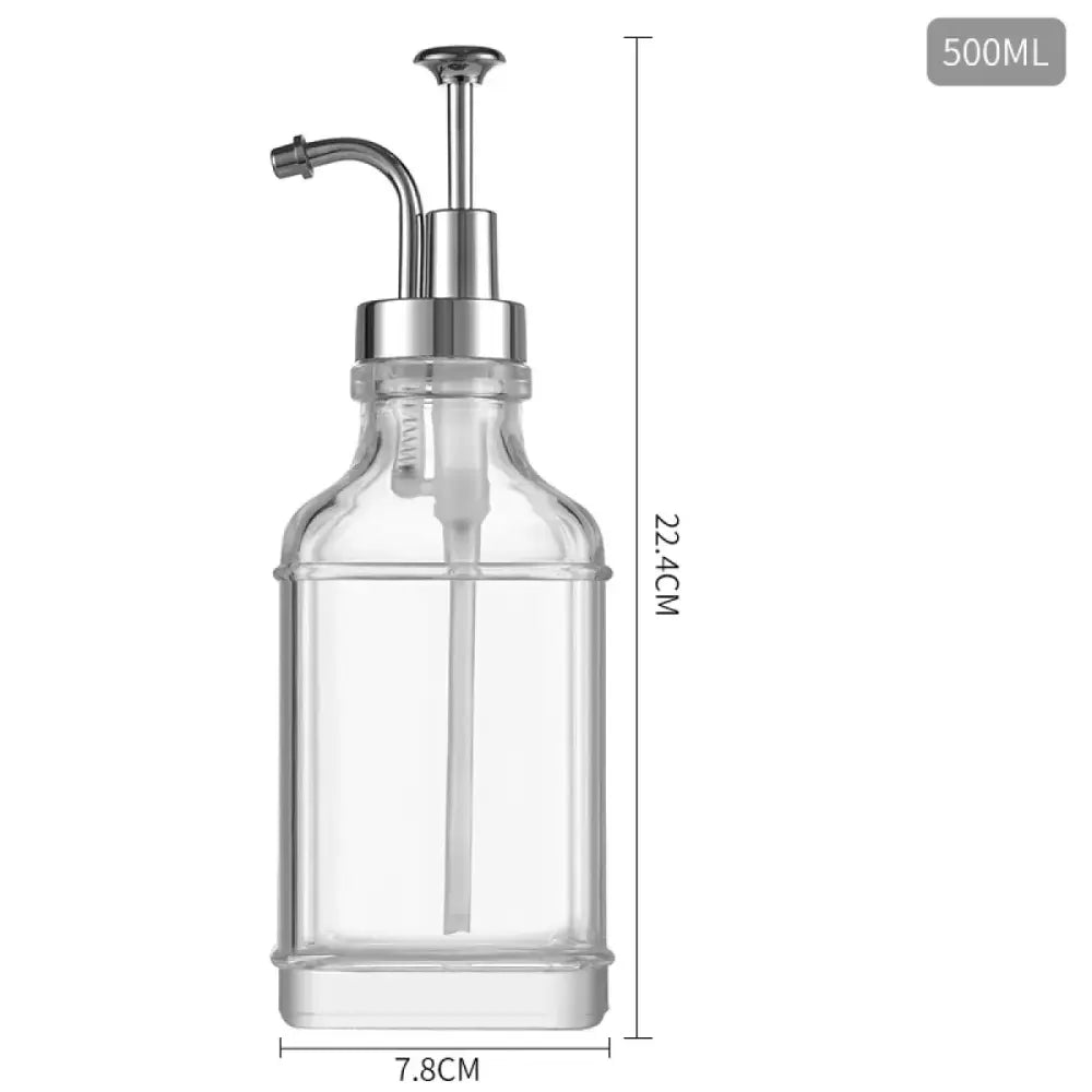 Clear glass bottle with a silver-toned pump dispenser, 500ml capacity.