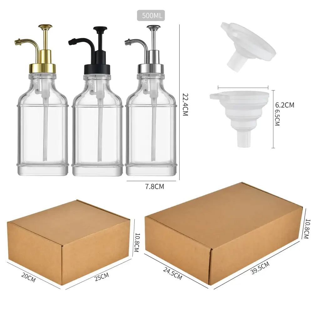 Three clear glass 500ml pump bottles with gold, black, and silver pumps respectively.