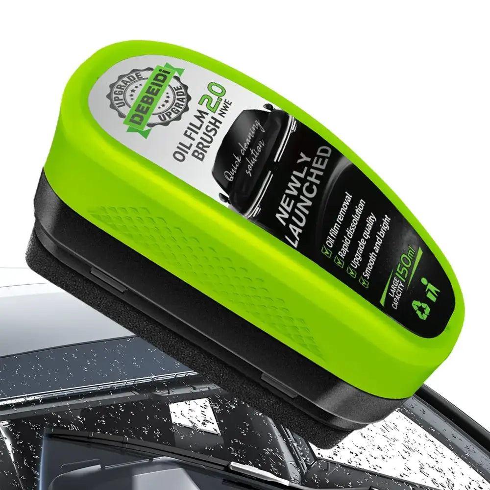 Bright lime green and black oil film brush with a textured grip, labeled ’debeidi 2.0’’ for quick car surface cleaning.