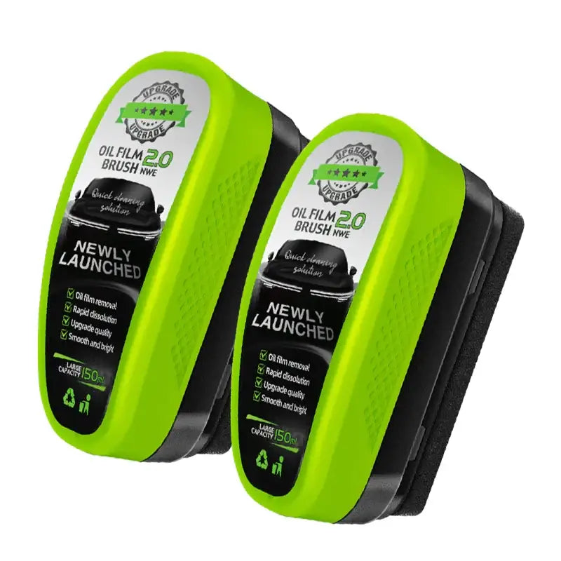 Bright lime green and black oil film brush with textured grip, labeled ’oil film 20’’ for quick car cleaning.