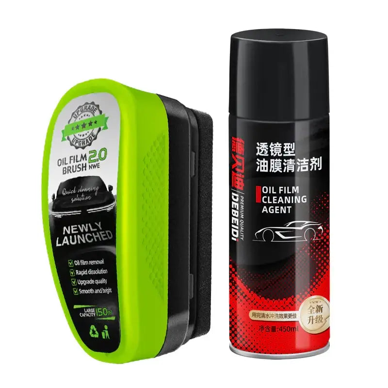 Green and black oil film cleaning brush with a 150ml capacity next to a red and black aerosol can of debeior brand oil film cleaner.