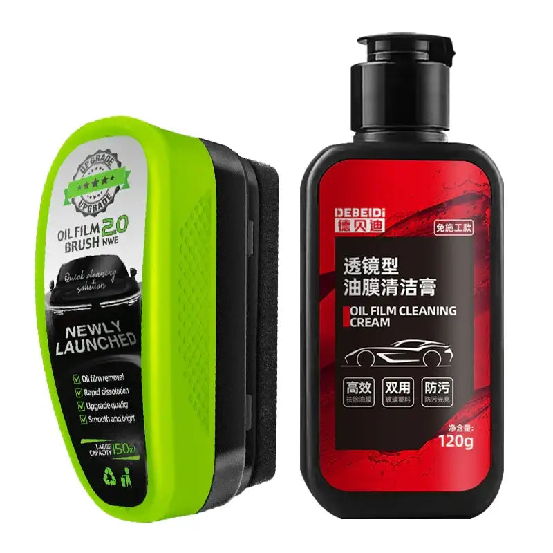 Bright green and black oil film cleaning brush with a sleek, ergonomic design next to its matching red and black bottle of debeidi oil film cleaning cream.