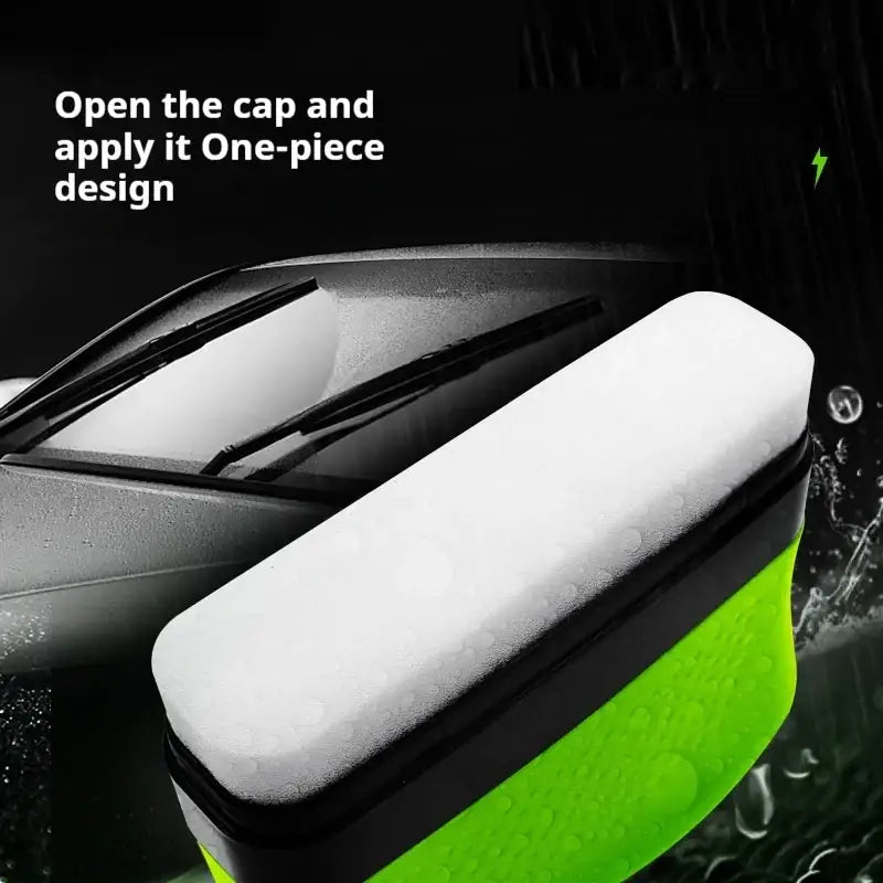 A sleek, one-piece car window washer sponge with a white textured head and vibrant lime green silicone body.