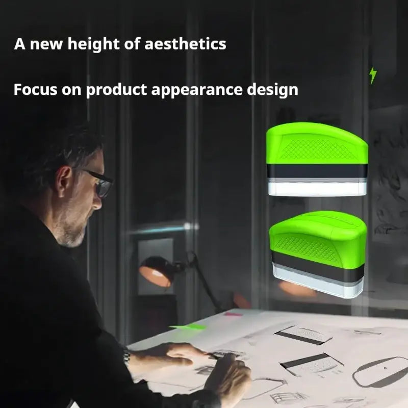 Vibrant lime green and black ergonomic rubberized grip device with white accent strip.