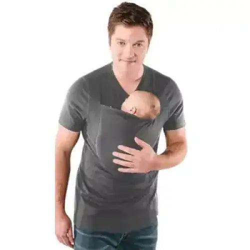 Dark gray pocket-style baby carrier shirt with a soft, stretchy fabric design.