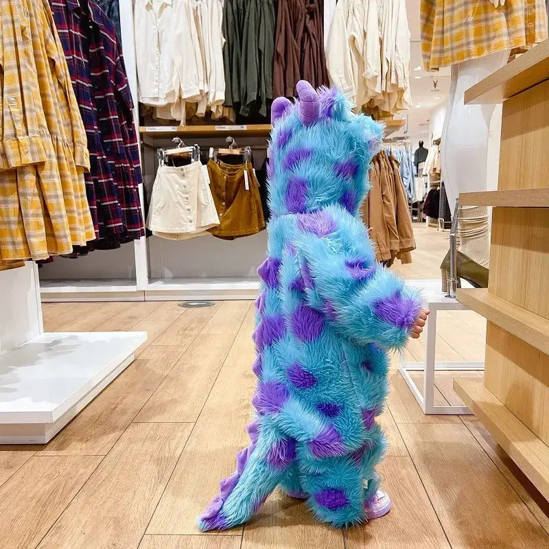 A child wearing a plush, blue and purple sully costume from monsters inc.