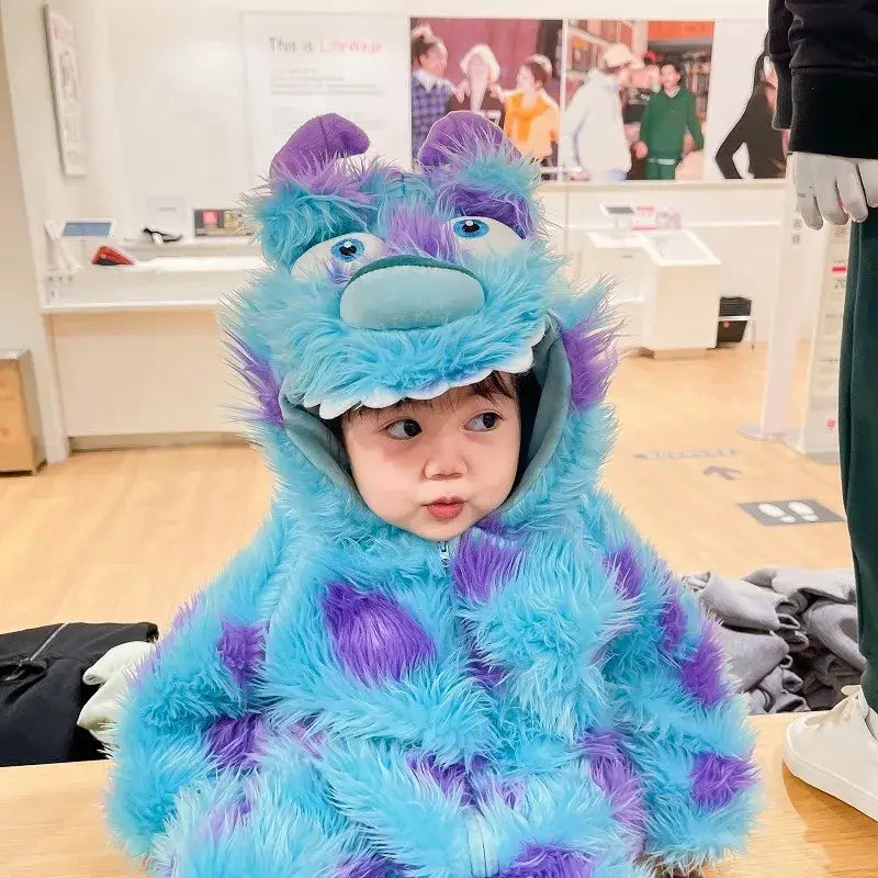 A fluffy blue and purple monster-themed children’s costume with a hood featuring large eyes, a snout, and pointed ears.