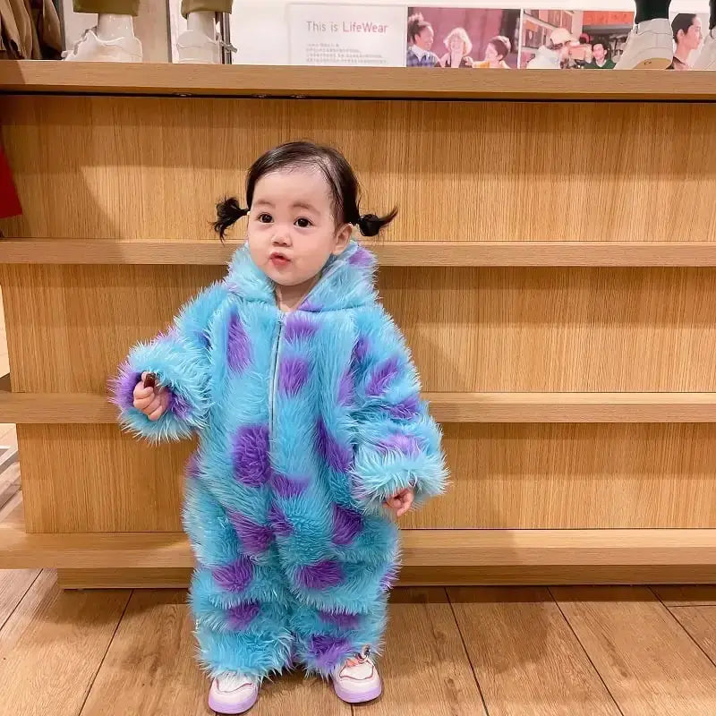 A child wearing a fluffy, light blue and purple patterned one-piece costume with long sleeves and legs.