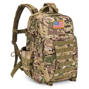 A tactical backpack with a camouflage pattern featuring green, brown, and tan tones, adorned with an american flag patch on the front.