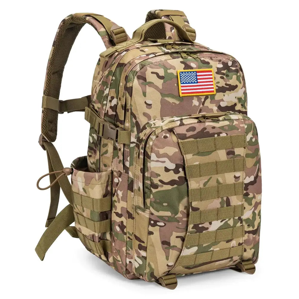 A tactical backpack with a camouflage pattern featuring green, brown, and tan tones, adorned with an american flag patch on the front.