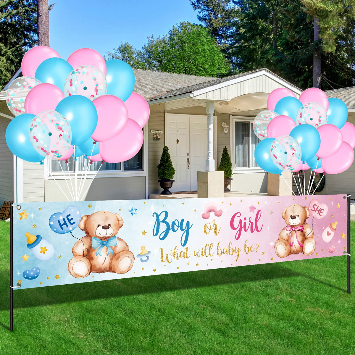 39 Pieces Gender Reveal Banner and Balloon Set Gender Reveal Party Decorations Boy or Girl Yard Sign Banner with Blue and Pink Balloons Gender Reveal Party Decoration Party for Baby Shower