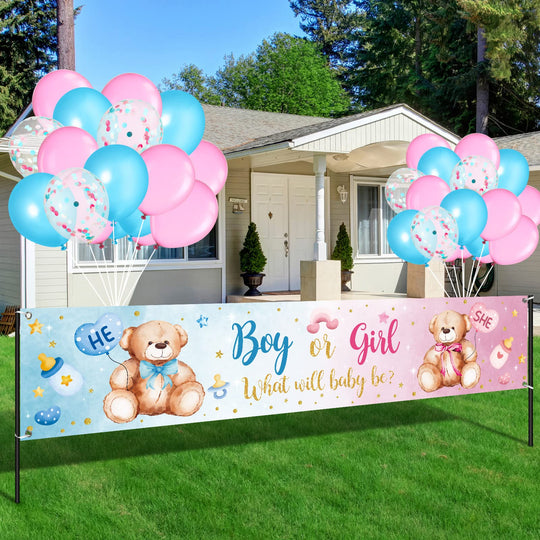 39 Pieces Gender Reveal Banner and Balloon Set Gender Reveal Party Decorations Boy or Girl Yard Sign Banner with Blue and Pink Balloons Gender Reveal Party Decoration Party for Baby Shower