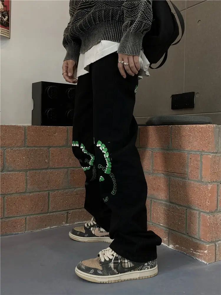 Men’s Straight Loose-Fitting Wide-Leg Letter Jeans