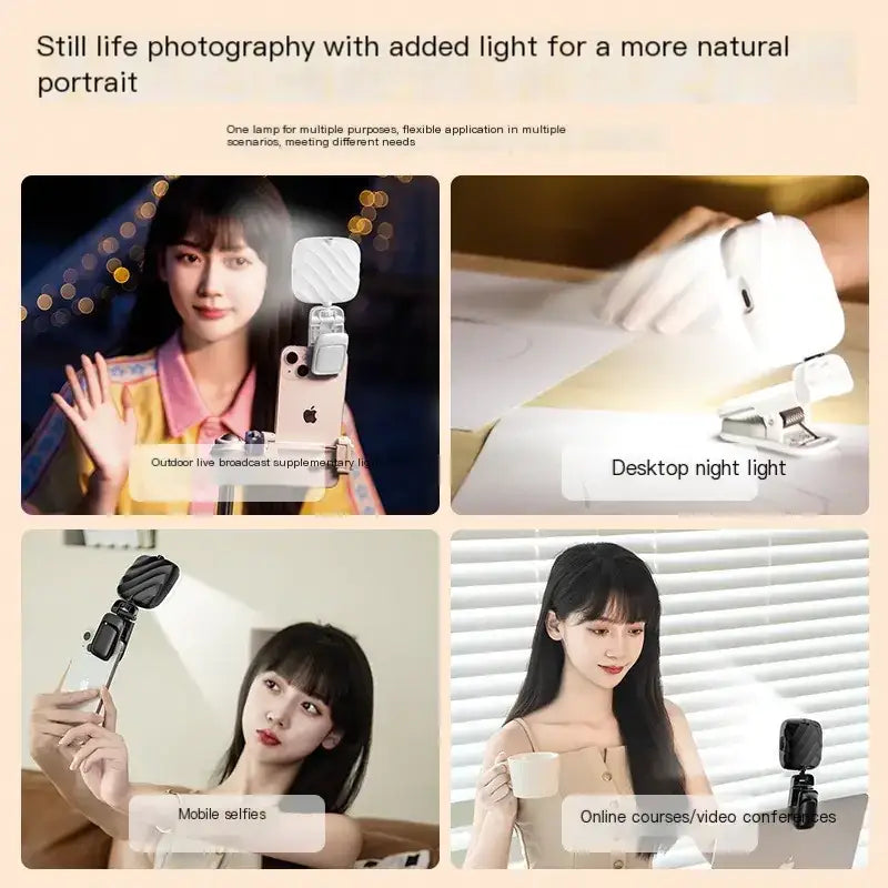 White, compact, multi-functional led lamp with adjustable mount for use as a desktop night light or mobile selfie accessory.