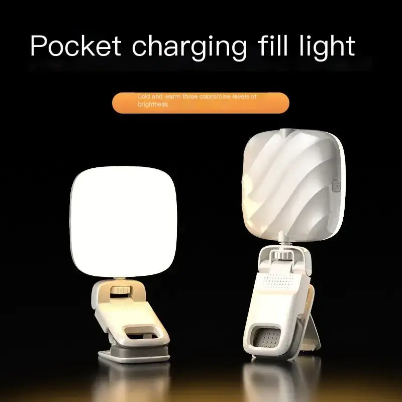 White plastic pocket charging fill light with a clip-on design and swirled surface.