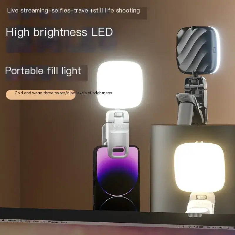 White rectangular led phone clip light with a square illuminated panel and adjustable brightness settings.