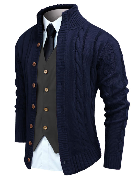 COOFANDY Mens Sweater Slim Fit Stand Collar Ribbed Knitted Sweater Jacket with Pockets Navy Blue