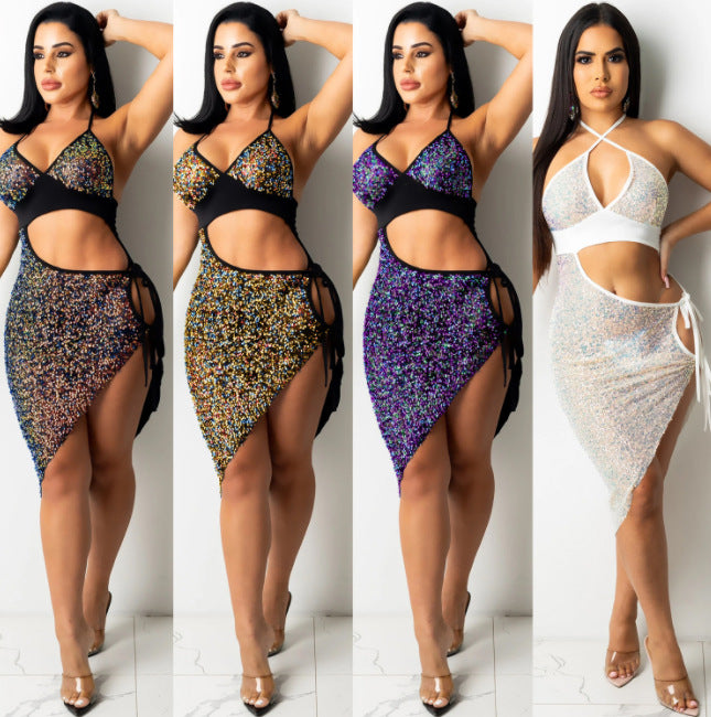 HTH Sequin Halter Lace-up Dress with Cut-out Slit