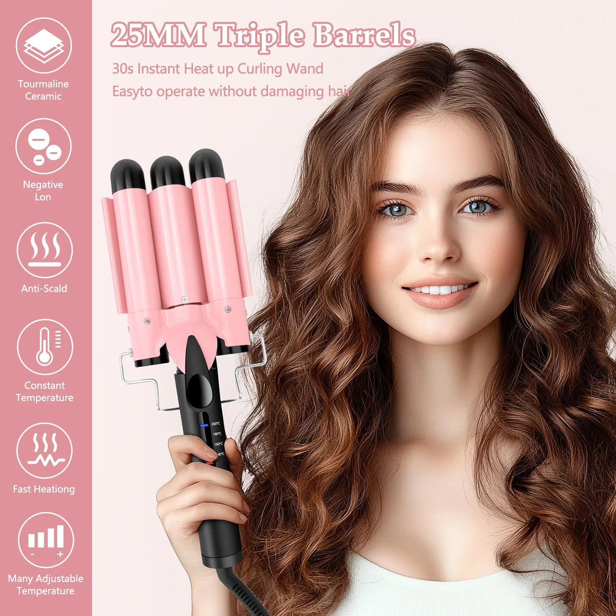 3 Barrel Curling Iron Hair Crimper, Dual Voltage Ceramic Tourmaline Three Barrels Hair Waver - 1-inch Curler Wand - Pink