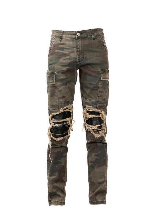Camouflage Washed Ripped Jeans with Leather Details