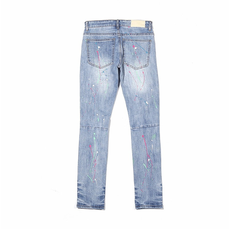 Men's Summer Slim Fit Distressed Paint Splatter Jeans