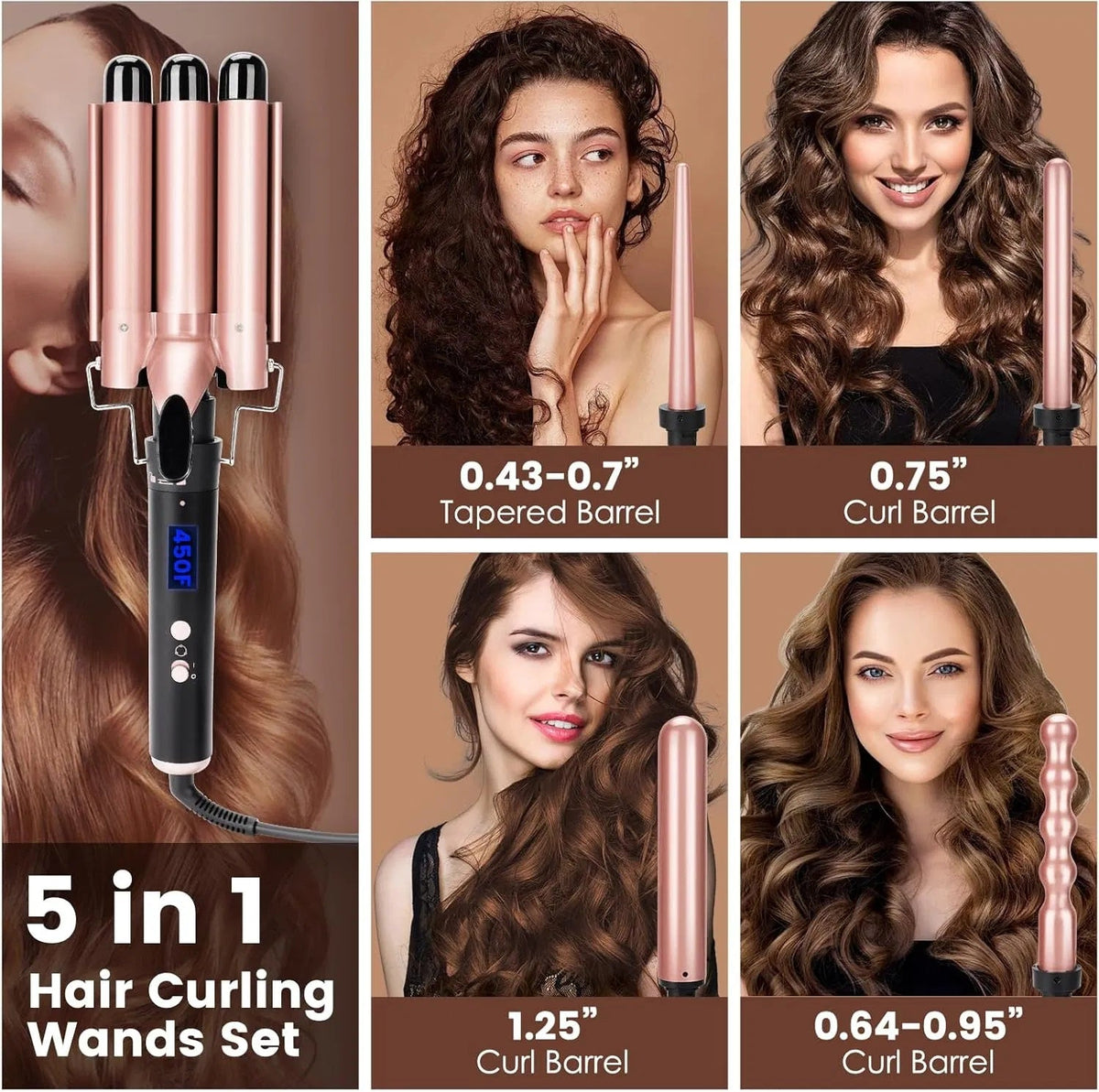 5 In 1 Curling Wand Set With LED Display Temperature, Curling Iron Set With 5 Interchangeable Ceramic Curling Wands - Black