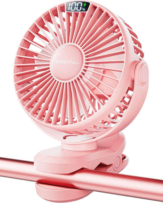 SWEETFULL Portable Clip on Fan - Battery Operated Stroller Fan 4000mAh Small Rechargeable Fan with LED Display 4 Speeds Mini Personal Cooling Desk Fan for Golf Cart Travel Camping Gym (Pink)
