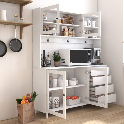 63W Large Kitchen Hutch Cabinet Freestanding Pantry Cabinets Storage Kitchen Cupboard With 4 Doors 4 Drawers &