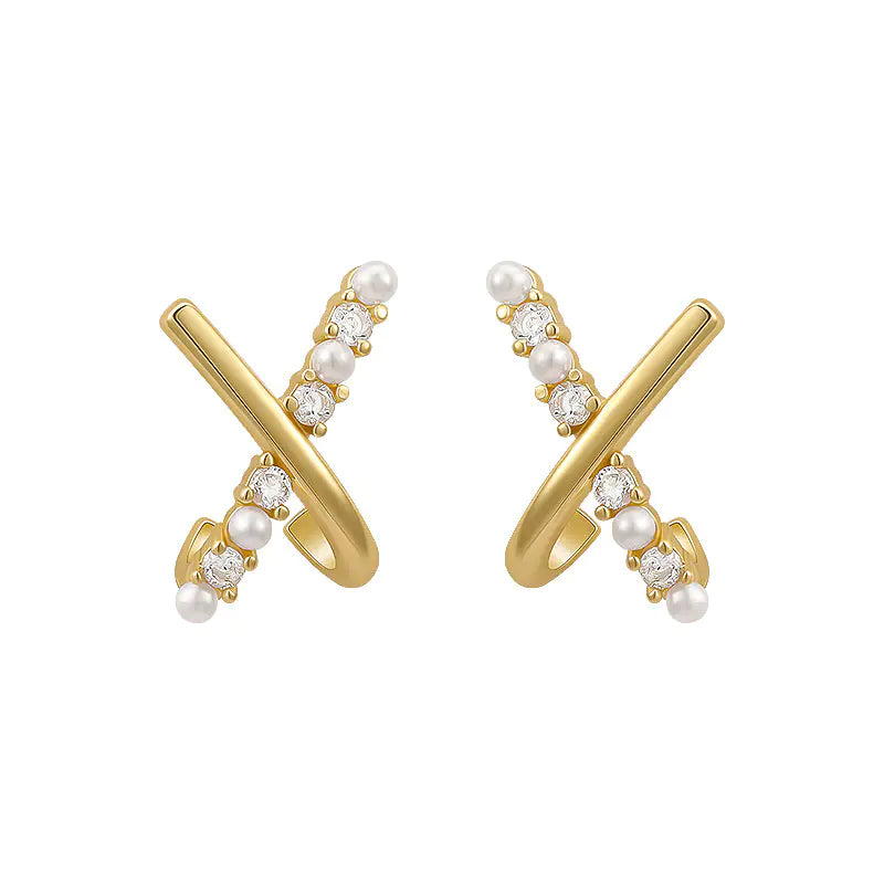 925 Silver Cross Pearl Earrings with Zirconia Detail - Joomcy