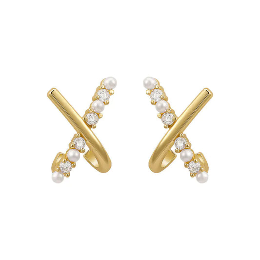 925 Silver Cross Pearl Earrings with Zirconia Detail - Joomcy