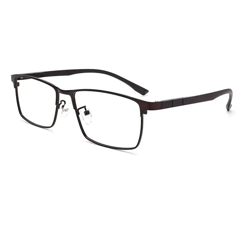 Black rectangular-framed reading glasses with a sleek, modern design and metallic finish.